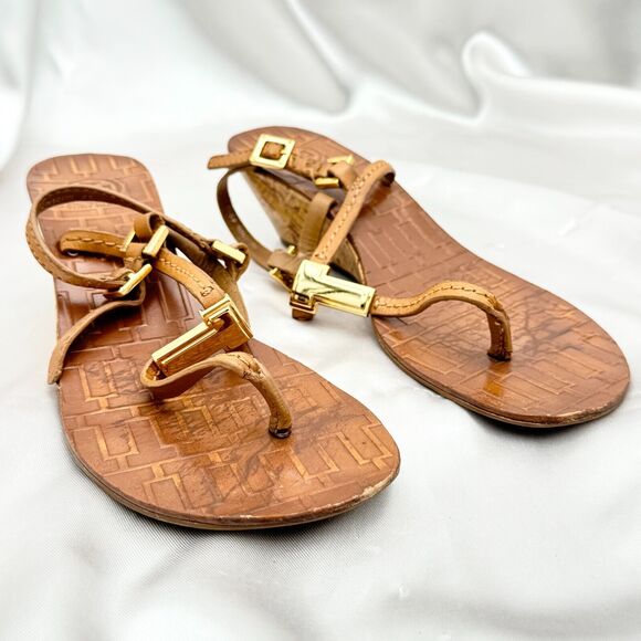Tory Burch Pauline Tan Leather Demi Wedge Slingback Thong Size 6 M Sandals - Picture 6 of 15